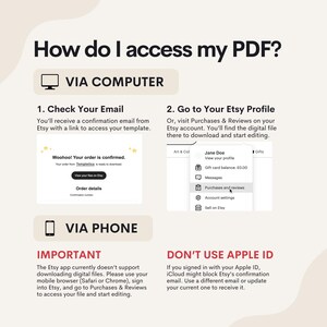 Puede incluir: Un gr&aacute;fico con instrucciones sobre c&oacute;mo acceder a un archivo digital comprado en Etsy. El gr&aacute;fico muestra una pantalla de computadora con un correo electr&oacute;nico de confirmaci&oacute;n y una pantalla de tel&eacute;fono con un mensaje sobre la aplicaci&oacute;n Etsy. El gr&aacute;fico tambi&eacute;n incluye texto sobre c&oacute;mo acceder al archivo en una computadora y un tel&eacute;fono.