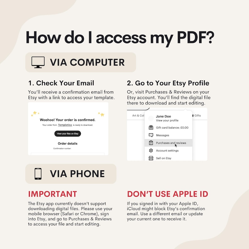 Puede incluir: Un gr&aacute;fico con instrucciones sobre c&oacute;mo acceder a un archivo digital comprado en Etsy. El gr&aacute;fico muestra una pantalla de computadora con un correo electr&oacute;nico de confirmaci&oacute;n y una pantalla de tel&eacute;fono con un mensaje sobre la aplicaci&oacute;n Etsy. El gr&aacute;fico tambi&eacute;n incluye texto sobre c&oacute;mo acceder al archivo en una computadora y un tel&eacute;fono.