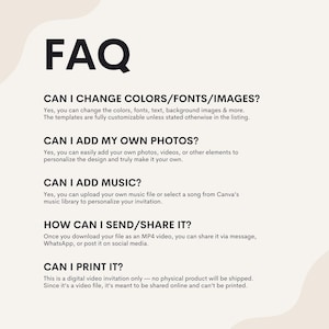 Puede incluir: Un fondo blanco con texto negro que responde a preguntas frecuentes sobre una invitaci&oacute;n de video digital. Las preguntas incluyen: &iquest;Puedo cambiar los colores/fuentes/im&aacute;genes? &iquest;Puedo agregar mis propias fotos? &iquest;Puedo agregar m&uacute;sica? &iquest;C&oacute;mo puedo enviar/compartirla? &iquest;Puedo imprimirla?