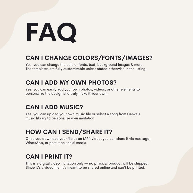 Puede incluir: Un fondo blanco con texto negro que responde a preguntas frecuentes sobre una invitaci&oacute;n de video digital. Las preguntas incluyen: &iquest;Puedo cambiar los colores/fuentes/im&aacute;genes? &iquest;Puedo agregar mis propias fotos? &iquest;Puedo agregar m&uacute;sica? &iquest;C&oacute;mo puedo enviar/compartirla? &iquest;Puedo imprimirla?