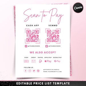 Modèle de signe Scan to Pay, modèle de tarification de salon de beauté modifiable avec QR Code DIY, modèle imprimable de toile de maquillage de coiffeur tresses