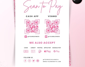 Scan to Pay Sign Template, DIY Editable QR Code Beauty Salon Pricing Template, Printable Hair Stylist Braids Nail Lash Makeup Canva Template