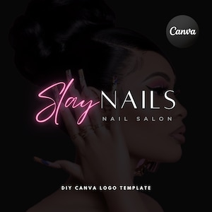 Puede incluir: Un letrero de neón rosa con el texto "Slay NAILS" y las palabras "NAIL SALON" en blanco debajo. El letrero está frente a una mujer con uñas largas y manicuradas.