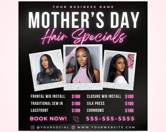 Mother's Day Hair Special Flyer, DIY Mothers Appointment Book Now Wig Instal Beauty Lashes Locs Nails Social Media Editable Canva Template