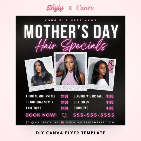 Mother's Day Hair Special Flyer, DIY Mothers Appointment Book Now Wig Instal Beauty Lashes Locs Nails Social Media Editable Canva Template