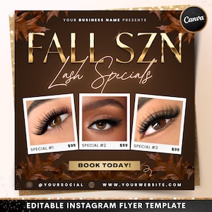Może przedstawiać: Szablon ulotki na Instagram z brązowym tłem, złotym tekstem i zdjęciami oczu z różnymi stylami rzęs. Tekst brzmi "FALL SZN Lash Specials" i "BOOK TODAY!" z uchwytami do mediów społecznościowych i informacjami o stronie internetowej.