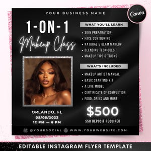 Makeup Class Flyer, DIY 1 on 1 Make up Artist Training Masterclass Course Template, MUA Salon Beautician Extensions Editable Canva Template