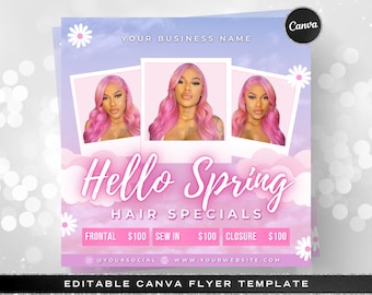 Spring Hair Special Flyer, DIY Editable Canva Template, Hello Spring Break Sale Wig Install Locs Braids MUA Instagram Social Media Flyer