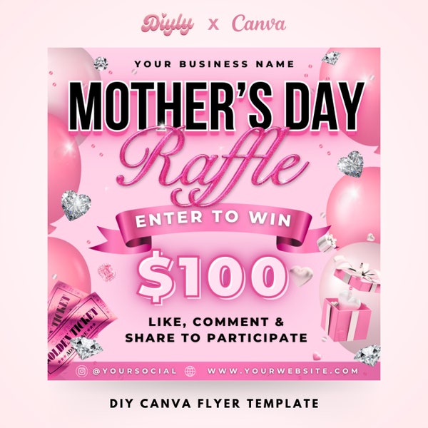 Mothers Day Raffle Giveaway Flyer, DIY Mother's May Ticket Contest Beauty Hair Lashes Wigs Braids Nails Social Media Editable Canva Template