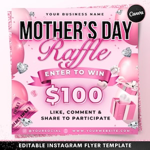 Folleto de sorteo del Día de la Madre, concurso de boletos DIY para mamás de mayo, belleza, cabello, pestañas, pelucas, trenzas, uñas, plantilla editable de Canva para redes sociales.