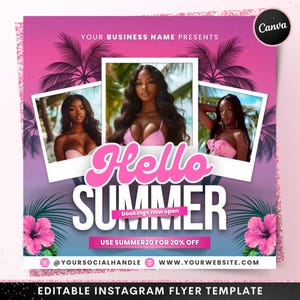 Hallo Sommer-Buchungsflieger, DIY Juni-Bücher offen, Schönheitstermine jetzt verfügbar Buchen Sie jetzt Haar-Lash-Nagel Social-Media-Canva-Flyer-Vorlage