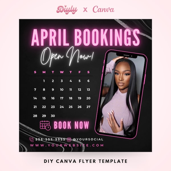 April Bookings Now Available Flyer, DIY Spring Book Now Appointments Beauty Hair Lashes Wigs Make Up Nails Social Media Canva Flyer Template