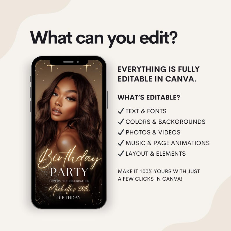 Puede incluir: Una plantilla de invitaci&oacute;n de fiesta de cumplea&ntilde;os personalizable con un fondo de purpurina dorada y una foto de una mujer. El texto de la invitaci&oacute;n dice "Birthday Party" y "Join us for celebrating Michelle's 30th Birthday". La invitaci&oacute;n es totalmente editable en Canva.