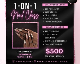 Pink Nail Class Flyer, DIY 1 on 1 Nail Artist Training Masterclass Course Template, Nail Tech Salon Extensions Editable Canva Template
