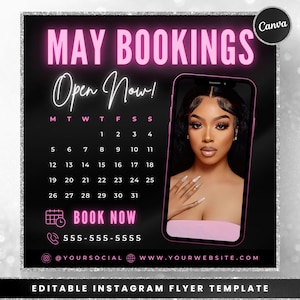 May Bookings Now Available Flyer, DIY Spring Book Now Appointments Beauty Hair Lashes Wigs Make Up Nails Social Media Canva Flyer Template
