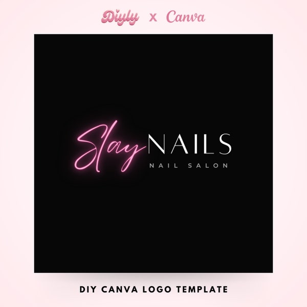 DIY Nail Salon Logo, Pink Neon Small Business Logo Design, Lash Boutique Branding Hair Makeup MUA Logo, Nails Editable Canva Logo Template