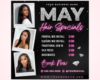 May Hair Specials Flyer, DIY May Appointments Available Book Now Wig Install Beauty Lashes Locs Nails Social Media Editable Canva Template