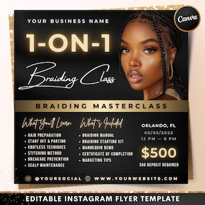 Braiding Class Flyer, DIY 1 on 1 Braid Training Masterclass Course Template, Hairstylist Wigs Hair Extensions Locs Editable Canva Template