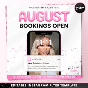 August Bookings Now Available Flyer, DIY Summer Book Now Appointments Beauty Hair Lashes Wigs Makeup Nails Social Media Canva Flyer Template