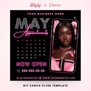 May Bookings Open Now Flyer, DIY Spring Book Now Appointments Beauty Hair Lashes Wigs Make Up MUA Nails Bundles Social Media Editable Canva