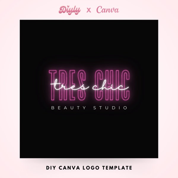 DIY Beauty Salon Logo, Pink Neon Small Business Logo Design, DIY Lash Boutique Branding Hairstylist Extension Wig Editable Canva Template