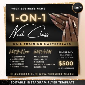 1 auf 1 Nagel-Klassen-Flyer, DIY-Nagel-Künstler-Ausbildungs-Meisterkurs-Vorlage, Nagel-Tech-Salon Kosmetik-Erweiterungen bearbeitbare Canva-Vorlage