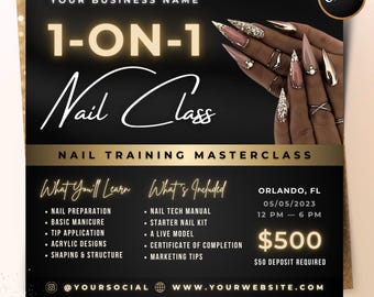 1 on 1 Nail Class Flyer, DIY Nail Artist Training Masterclass Course Template, Nail Tech Salon Beautician Extensions Editable Canva Template