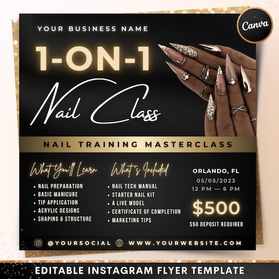 1 on 1 Nail Class Flyer, DIY Nail Artist Training Masterclass Course Template, Nail Tech Salon Beautician Extensions Editable Canva Template