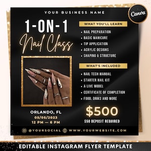 Nail Class Flyer, DIY 1 on 1 Nail Artist Training Masterclass Course Template, Nail Tech Salon Beautician Extensions Editable Canva Template