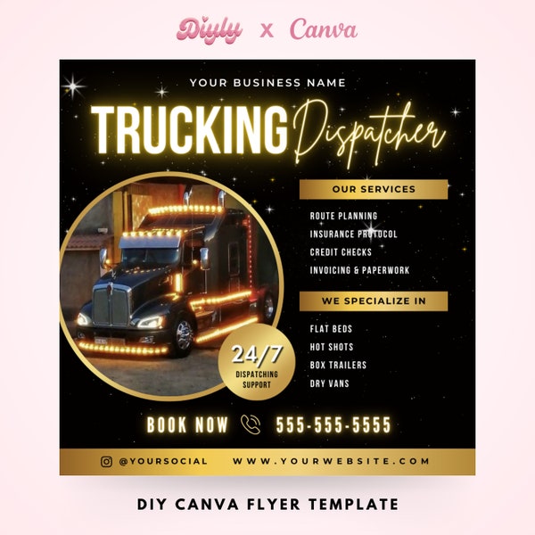 LKW-Dispatcher Flyer, DIY Trucking Dispatchers Service Flyer, Makler Freight Dispatching Business, bearbeitbare Social Media Canva Vorlage