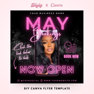 May Bookings Now Available Flyer, DIY Spring Book Now Appointments Beauty Hair Lashes Wigs Make Up Nails Social Media Canva Flyer Template
