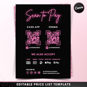 Scan to Pay Sign Template, Editable QR Code DIY Beauty Salon Pricing Template, Printable Hair Stylist Braids Nail Lash Makeup Canva Template