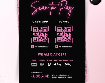 Scan to Pay Sign Template, Editable QR Code DIY Beauty Salon Pricing Template, Printable Hair Stylist Braids Nail Lash Makeup Canva Template