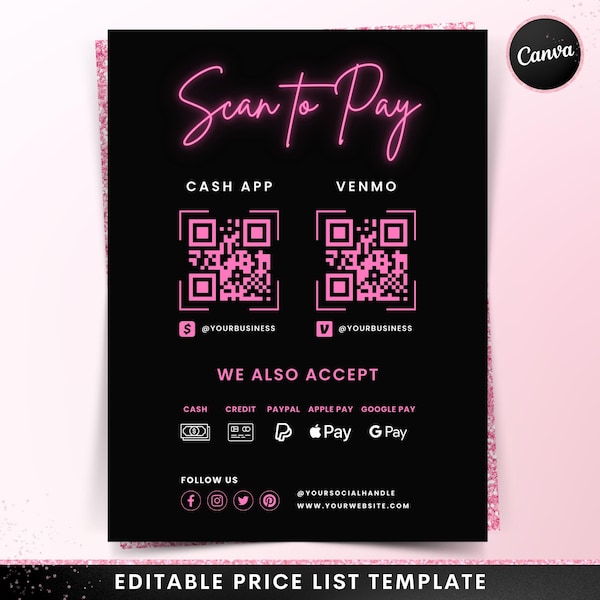 Scan-to-Pay-Zeichenvorlage, bearbeitbarer QR-Code DIY Beauty Salon Preisvorlage, druckbare Hair Stylist Braids Nail Lash Make-up Canva-Vorlage