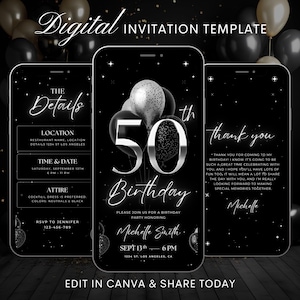 May include: Digital invitation template for a 50th birthday party. The design features a black background with silver and white balloons. The invitation includes details such as the date, time, location, and RSVP information.