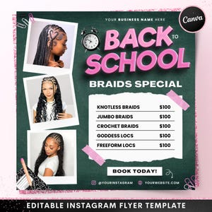 Back to School Braids Special Flyer, Back to School Sale Book Now Appointments Beauty Hair Wig Lash Locs Social Media Canva Flyer Template