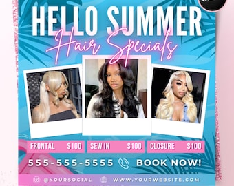 Hello Summer Hair Specials Flyer, DIY Summer Bookings Book Now Beauty Hair Lashes Wigs Make Up Nails Social Media Editable Canva Template
