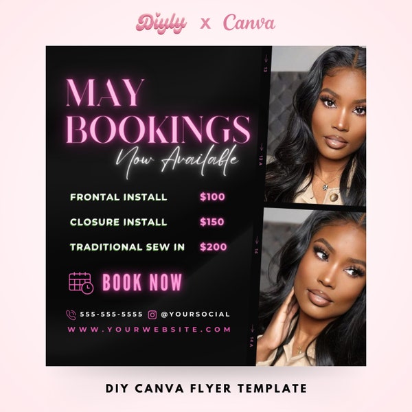 May Bookings Now Available Flyer, DIY Spring Book Now Appointments Beauty Hair Lashes Wigs Make Up Nails Social Media Canva Flyer Template