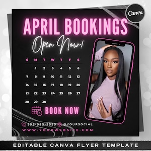 April Bookings Now Available Flyer, DIY Spring Book Now Appointments Beauty Hair Lashes Wigs Make Up Nails Social Media Canva Flyer Template