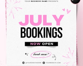 July Bookings Now Available Flyer, DIY Summer Book Now Appointments Beauty Hair Lashes Wigs Make Up Nails Social Media Canva Flyer Template