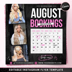 August Bookings Now Available Flyer, DIY Summer Book Now Appointments Beauty Hair Lashes Wigs Makeup Nails Social Media Canva Flyer Template