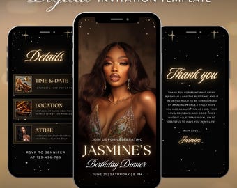 Luxury Black and Gold Birthday Dinner Invitation Video Template, Editable Canva Invite, Women’s 30th 40th 50th Birthday Party Digital Evite