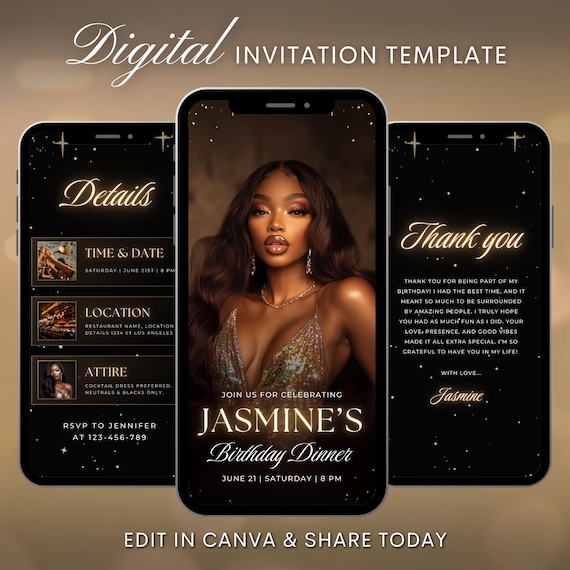 Luxury Black and Gold Birthday Dinner Invitation Video Template, Editable Canva Invite, Women’s 30th 40th 50th Birthday Party Digital Evite