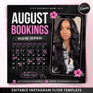 August Buchung Flyer, DIY Rosa Sommer Termine Flyer, Rosa Schönheit Haar Wimpern Perücke Verkauf Makeup Nägel Social Media Canva Flyer Vorlage