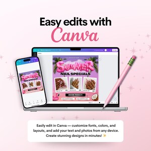 May include: A laptop and smartphone display a nail salon advertisement with the text "Summer Nail Specials." A pink pencil rests on the laptop. The image also includes the text "Easy edits with Canva."