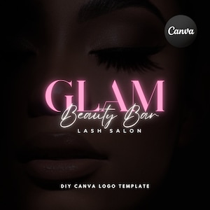 Beauty Salon Logo, Pink Neon Small Business Logo Design, DIY Lash Boutique Branding Hairstylist Extension Wig Editable Canva Template