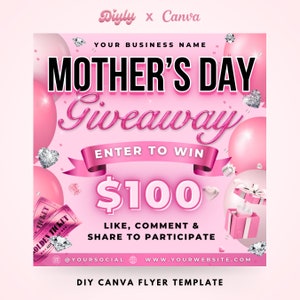 Mothers Day Giveaway Raffle Flyer, DIY Mother's May Ticket Contest Beauty Hair Lashes Wigs Braids Nails Social Media Editable Canva Template image 1