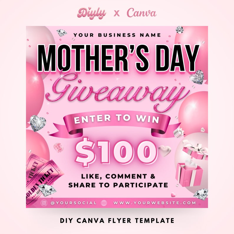 Mothers Day Giveaway Raffle Flyer, DIY Mother's May Ticket Contest Beauty Hair Lashes Wigs Braids Nails Social Media Editable Canva Template image 1