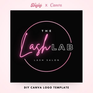 DIY Lash Boutique Logo, Pink Neon Small Business Logo Design, DIY Beauty Salon Branding Hairstylist Extension Wig Editable Canva Template