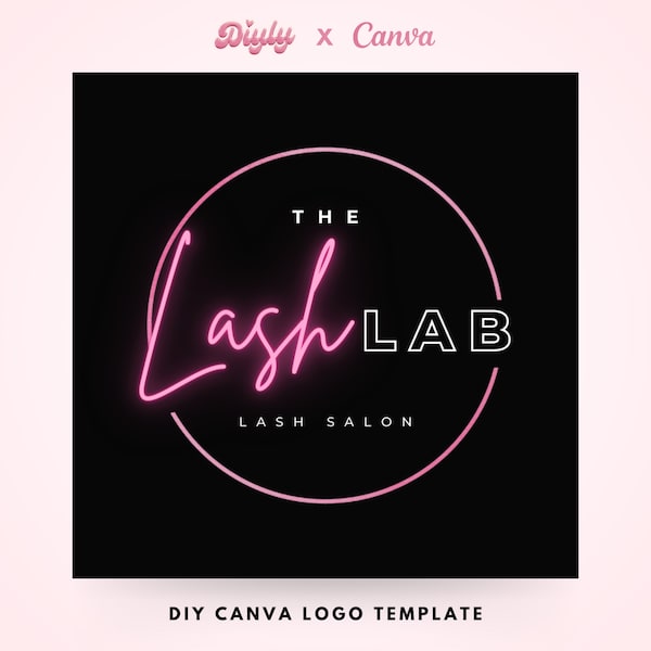 DIY Lash Boutique Logo, Pink Neon Small Business Logo Design, DIY Beauty Salon Branding Hairstylist Extension Wig Editable Canva Template